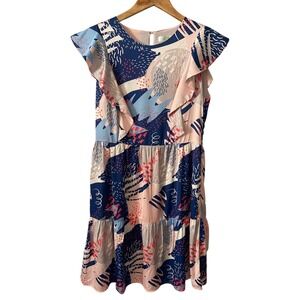 Jade Melody Tam Womens Abstract Print Ruffle Tiered Mini Dress Navy Peach Small